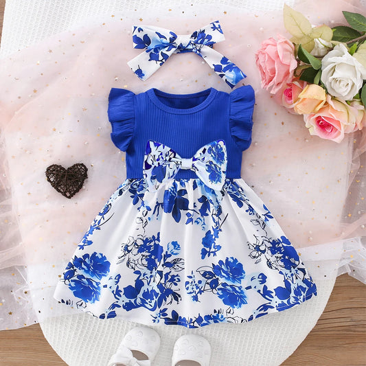 Adora Milano Vestito Bimba Manica Piccola a Volant Pieghe Fiocco Nastro Blu e Bianco