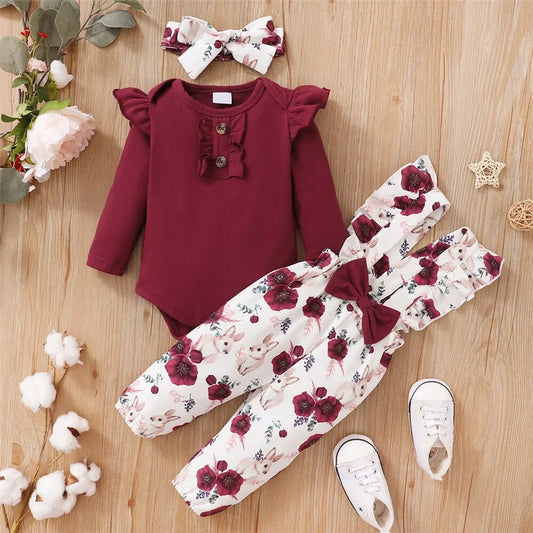 Adora Milano Completo vestiti neonata body a maniche lunghe+pantaloni con bretelle floreali+fascia per capelli primavera e autunno