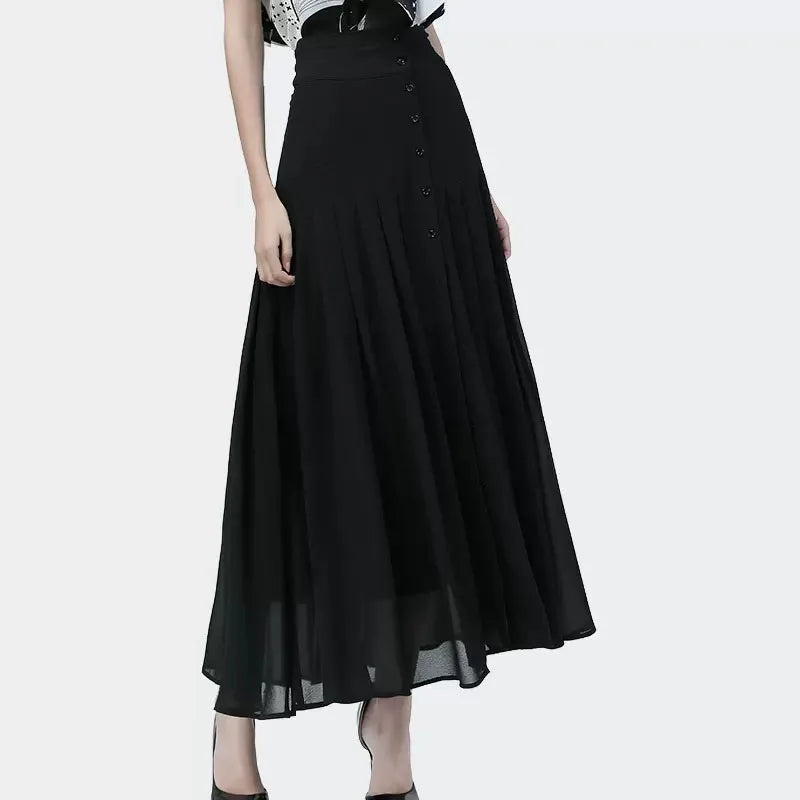 Women New Front Button Black Skirt long High Waist  A-Line Summer Skirt Women Sexy Slit Party Chiffon Faldas Mujer Saias Jupe