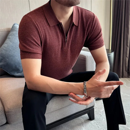 Polo Estiva Sottile a Maniche Corte con Mezza Zip, Tinta Unita, Taglio Ampio e Casual, Top ad Alta Elasticità, Traspirante, Maglietta alla Moda, Abbigliamento Uomo