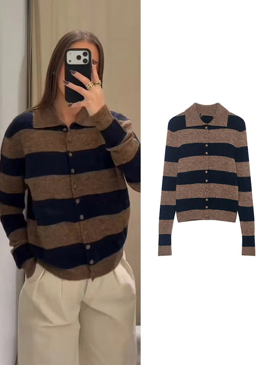 Adora Milano Strickjacke für Damen, einreihig, langärmelig, gestreift
