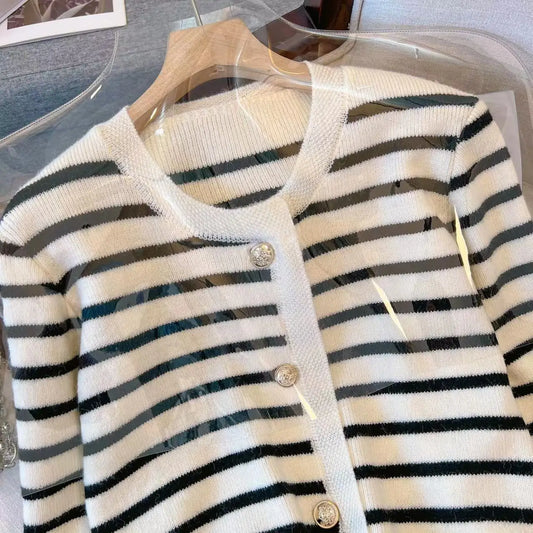 Adora Milano Gestreifter Strickcardigan Damen Frühling Einreihig Langarm Crop Tops