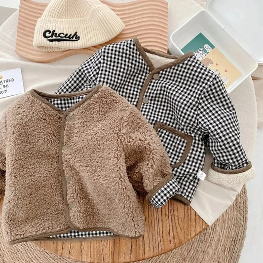 Adora Milano Warm Jacket Children Two Sides Wear Plaid Plush Jacket Kids Jackets
