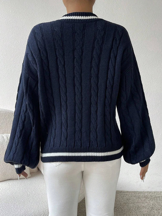 Adora Milano V-Neck-Oberteil für Damen, zweifarbiger Strickpullover mit langen Ärmeln, locker geschnitten