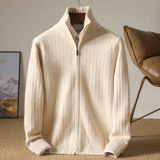 Cardigan da uomo 100% lana merino con collo alto, casual, in maglia, da lavoro, con cerniera, autunno inverno, versatile, caldo, giacca da uomo in cashmere