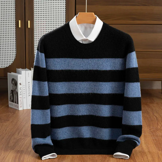 MVLYFLRT Maglione da uomo in 100% cashmere girocollo, lavorato a maglia, casual, a righe color block, pullover alla moda, base lavorata a maglia in stile retrò