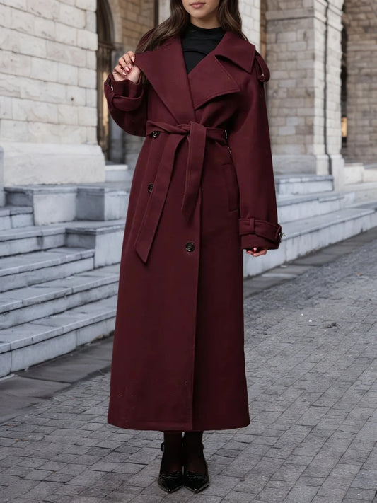 Adora Milano - Trench da donna invernale doppiopetto in lana a collo alto con cintura decorativa