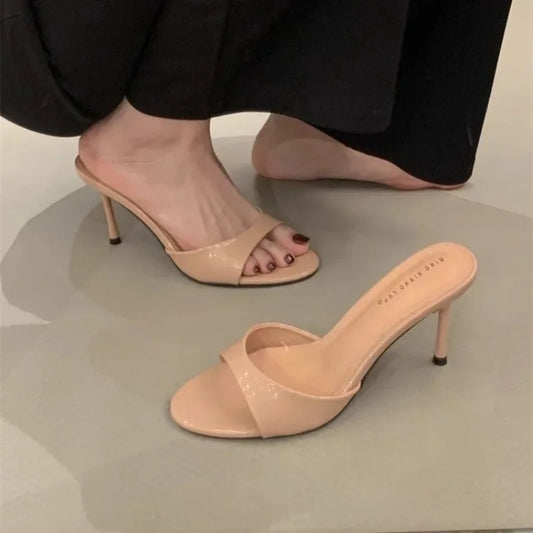 Mules da donna in pelle verniciata color rosso vino, sandali alla moda con punta tonda aperta, tacco alto sottile, ciabatte, scarpe estive da festa