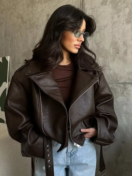 Adora Milano Giacche Corte da Donna in Pelle Rossa Scuro Casual con Cerniera