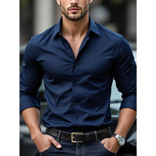 Camicia da uomo Adora Milano Nuova di zecca Tinta unita Manica lunga Tessuto elastico Uomo Colori multipli Camicia basic di qualità