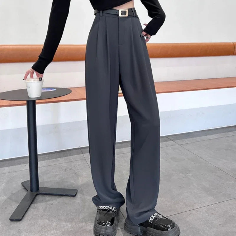2025 Spring Summer New High Waist Women's Wide Leg Pants with Belt High Waist Straight Casual Loose Floor Length Pants Female