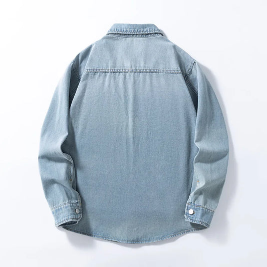 Camicia da uomo vintage americana in denim sottile non elasticizzato, versatile e dalla vestibilità ampia
