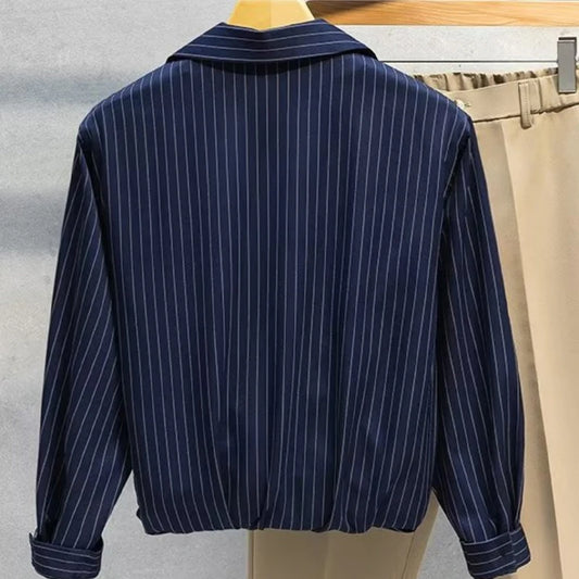 Camicia da uomo a maniche lunghe a righe Primavera Autunno Nuova camicia coreana larga e versatile per affari Cappotti casual alla moda per adolescenti con risvolto nero