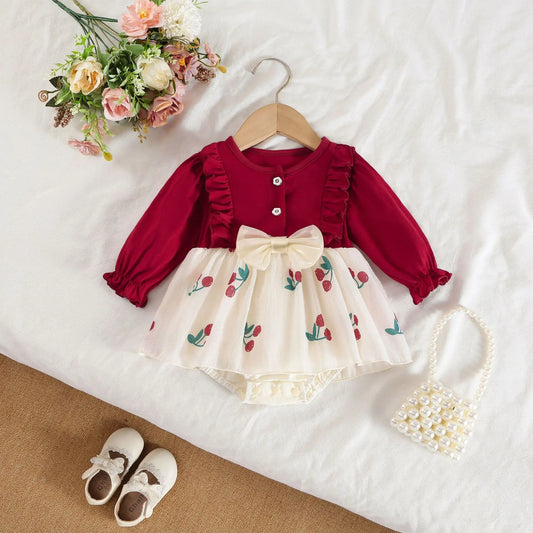 Adora Milano Body Vestito 3-18 M Stampa Ciliegie Maniche Lunghe Rouches Fiocco Carino