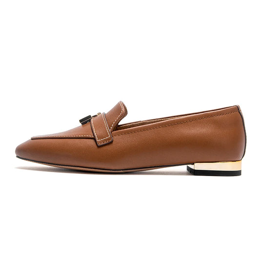 Mocassini da donna in pelle con dettaglio lucchetto color oro, punta quadrata, tacco basso, Penny, casual da ufficio, scarpe eleganti slip-on da donna