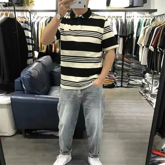 Adora Milano Polo a Maniche Corte a Righe Sottili Casual Top da Uomo di Tendenza Estiva