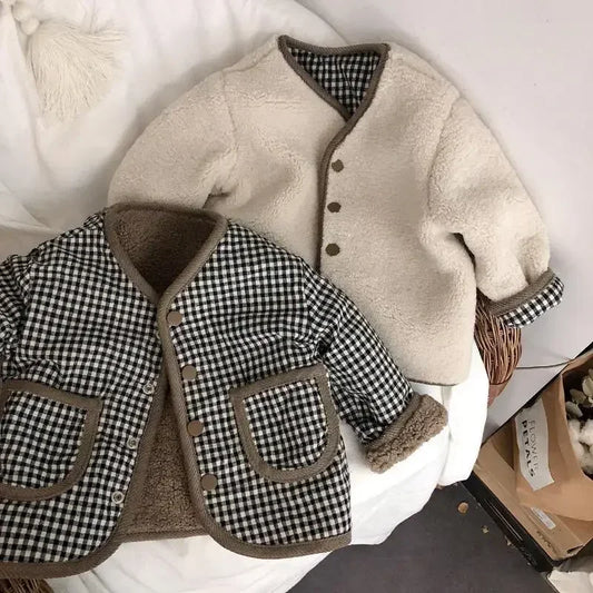 Adora Milano Warm Jacket Children Two Sides Wear Plaid Plush Jacket Kids Jackets