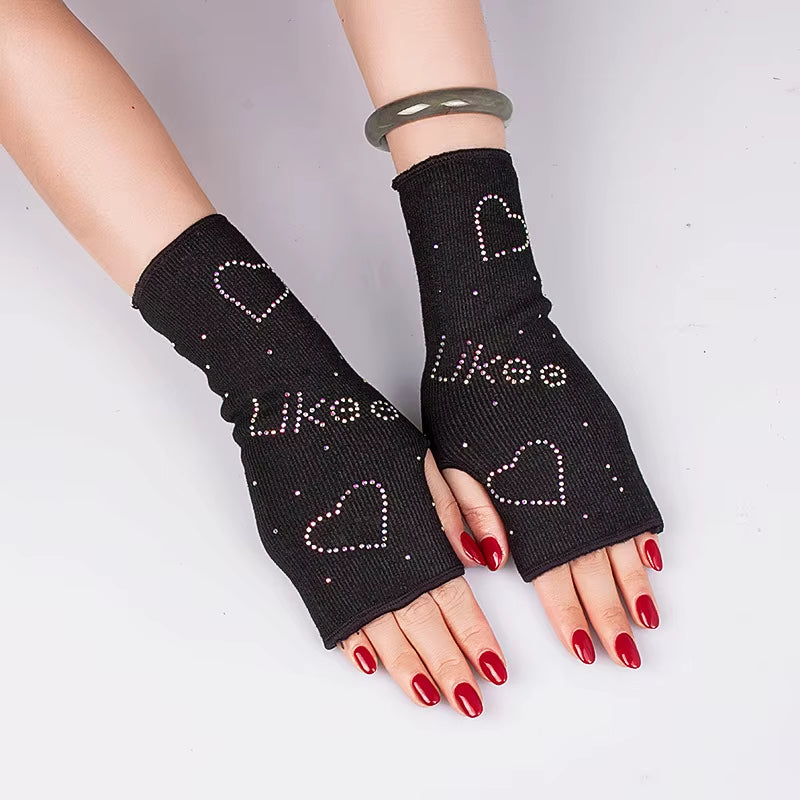 Woman'S inside Plush Thick Warm Half Finger Gloves Winter Knit Spider Rhinestone Fingerless Touch Screen Driving Mittens S88