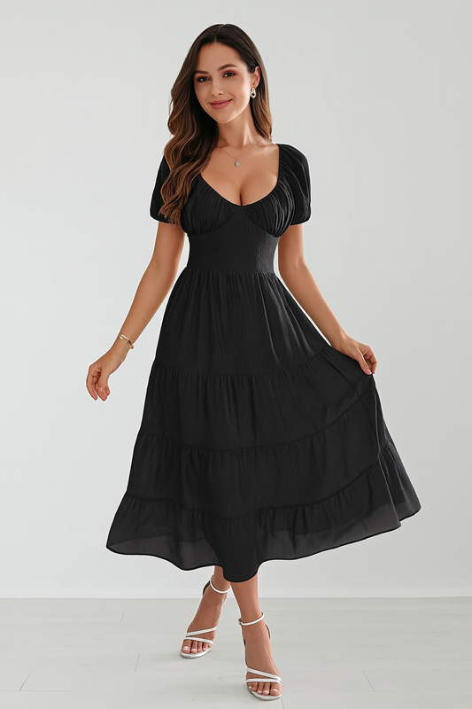 Adora Milano Backless Tiered Puff Sleeve Midi Dress
