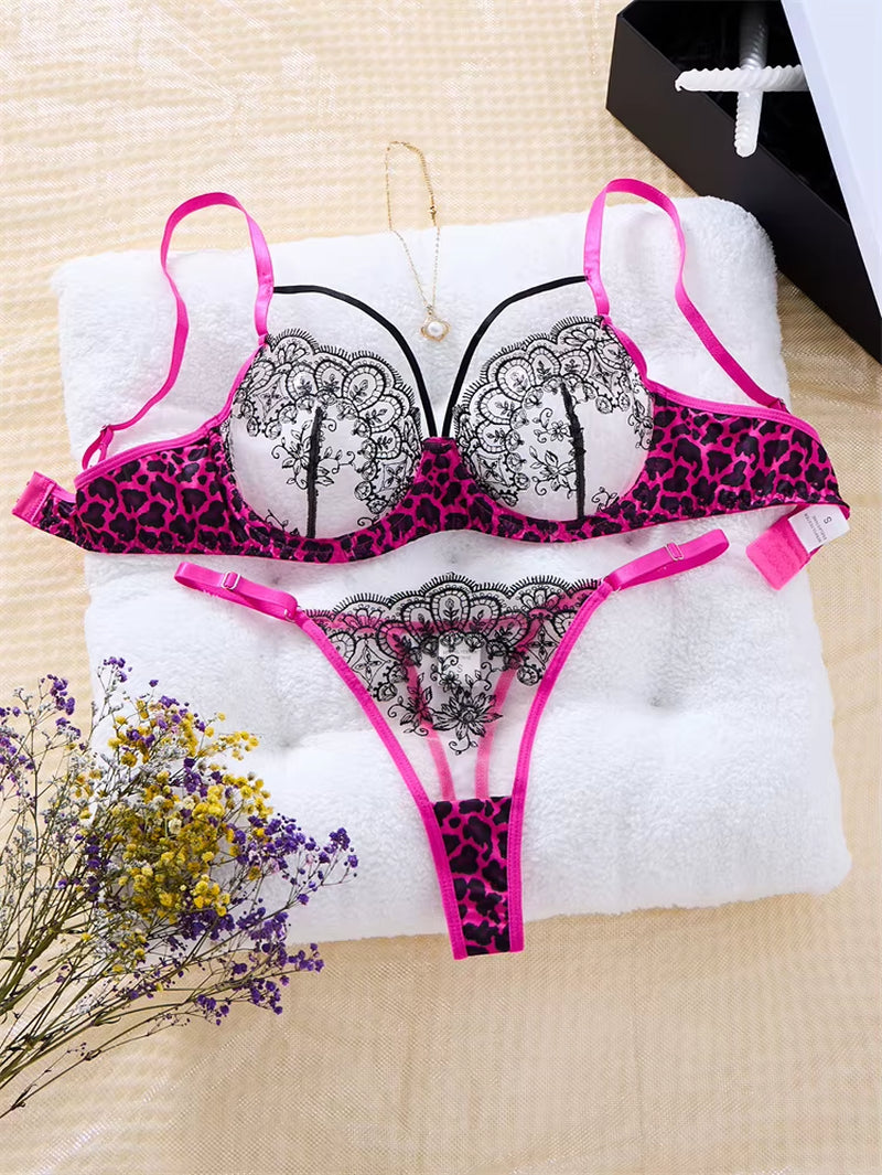 Lingerie Sexy Hot Female Lace Underwear Transparent Bra Panty Set Three-Point Underwear Pure Desire Leopard Print Lingerie Set