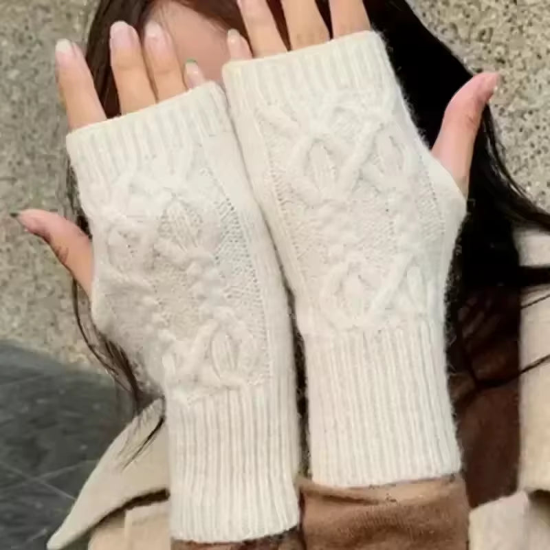 Autumn Winter Knitted Fried Dough Twists Warm Gloves for Women Solid Color Soft Skin Thickened Half Finger Gloves Wrist Washable