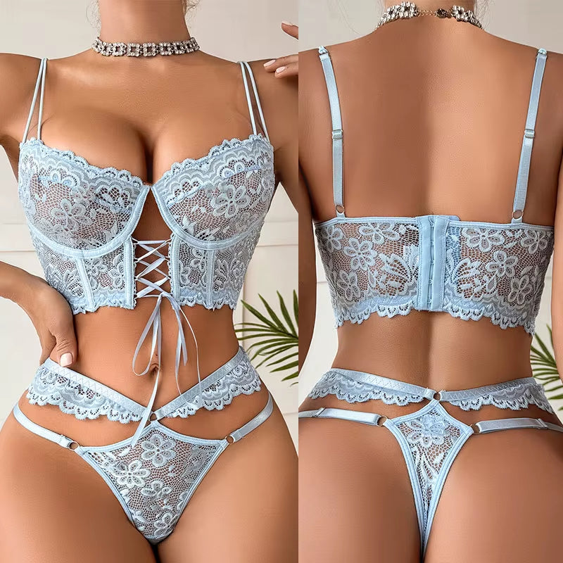 Bra Brief Sets Female Transparent Sexy Romantic Lingerie Black Lace Underwear Flowers Sensual See through Erotic Sets
