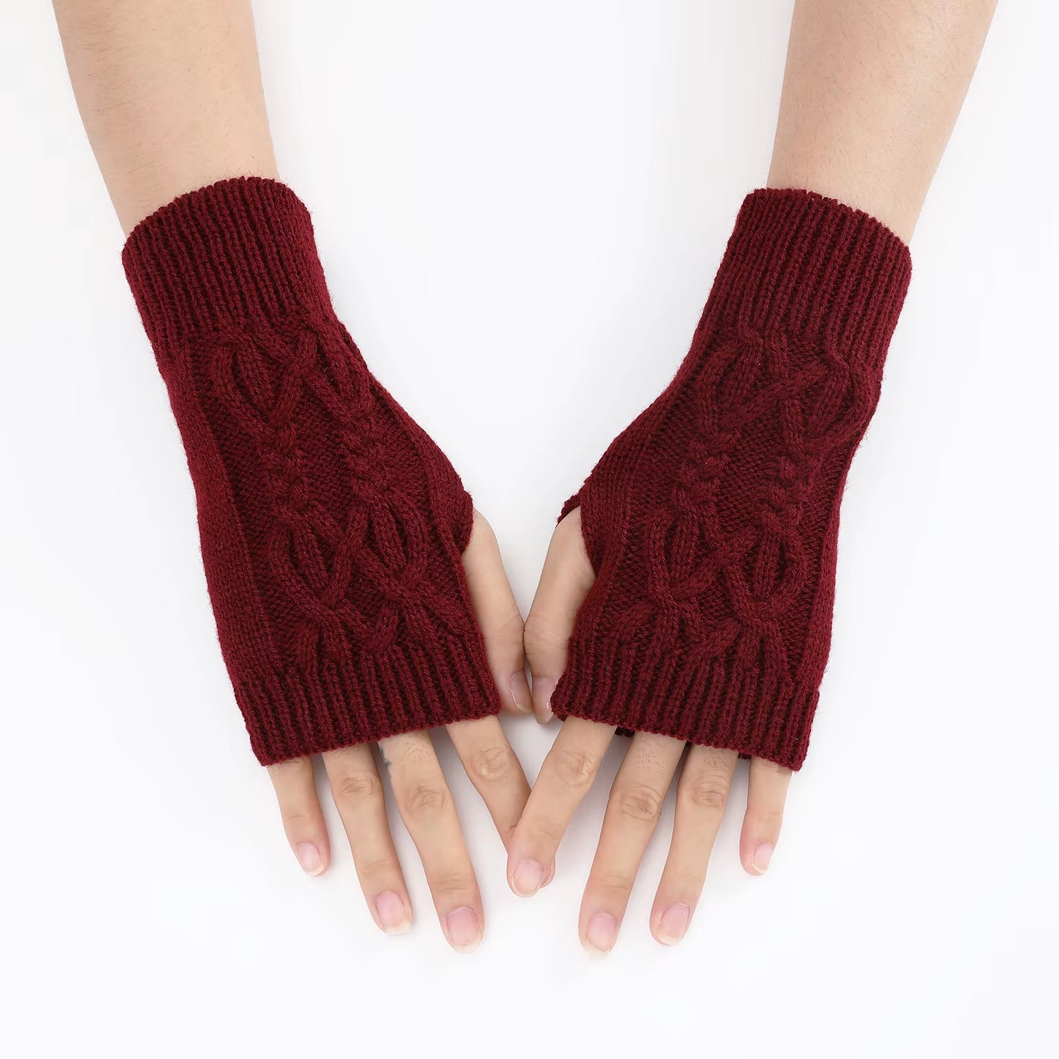 Autumn Winter Knitted Fried Dough Twists Warm Gloves for Women Solid Color Soft Skin Thickened Half Finger Gloves Wrist Washable