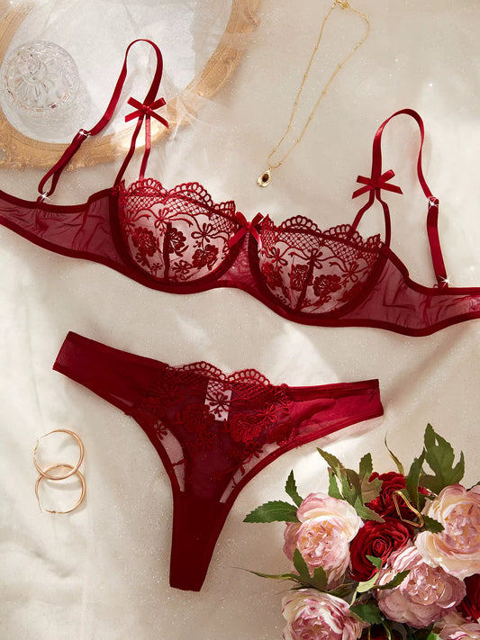 Lady Floral Embroidery Lingerie Set Women Sheer Bra and Brief Underwear Set Satin Sexy Intimates Underwear