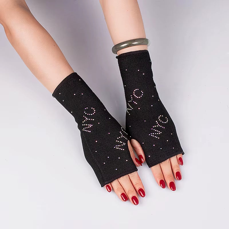 Woman'S inside Plush Thick Warm Half Finger Gloves Winter Knit Spider Rhinestone Fingerless Touch Screen Driving Mittens S88