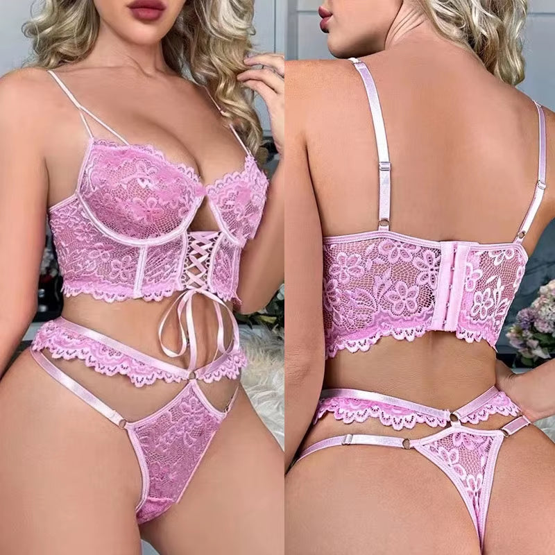 Bra Brief Sets Female Transparent Sexy Romantic Lingerie Black Lace Underwear Flowers Sensual See through Erotic Sets