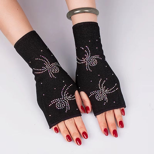 Woman'S inside Plush Thick Warm Half Finger Gloves Winter Knit Spider Rhinestone Fingerless Touch Screen Driving Mittens S88
